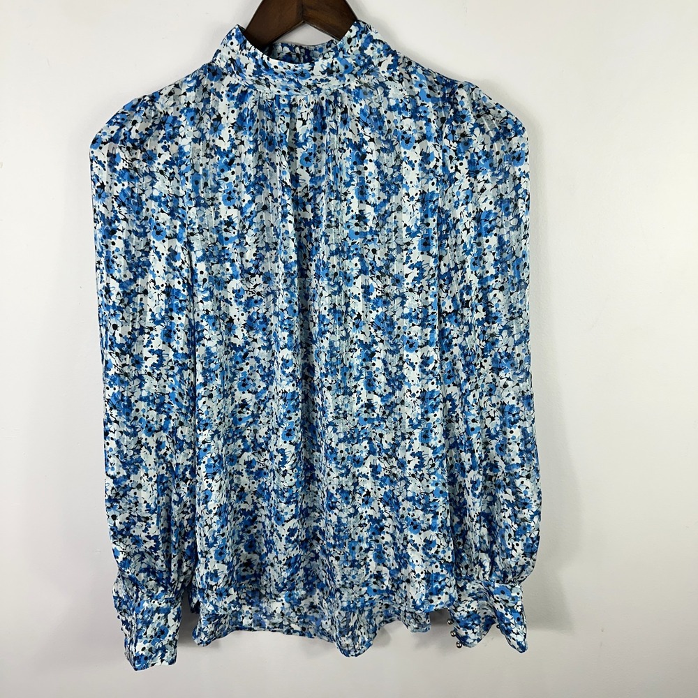 H&M Blouse Womens XS Blue Floral Mock‎ Neck Romantic Coquette Preppy Cottagecore